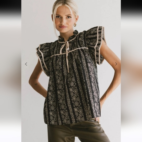 entro Tops - Entro Rue 32 Floral Blouse 100% Cotton Black And Cream Cottagecore Size Small